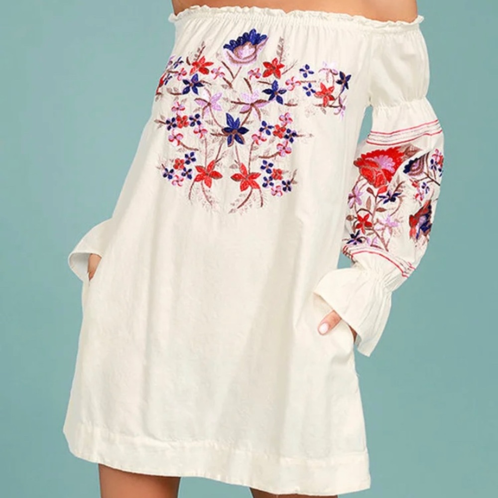 Free people white long ruffle sleeve dress with floral design